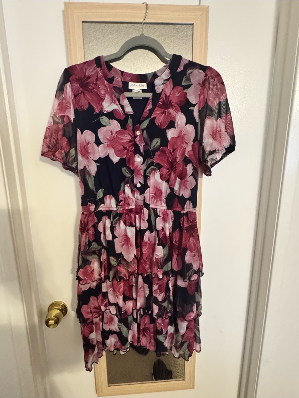 Floral Button-Front Navy and Pink Mini Dress